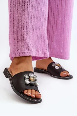 Klapki Damskie Klasyczne>Damskie buty S.Barski Klapki Damskie Z Ozdobami S.Barski KV27-031 Czarne Czarny