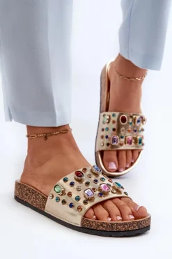 Klapki Korkowe|Klapki Na Platformie>Damskie buty S.Barski Klapki Damskie Z Ozdobami S.Barski MY122 Złote