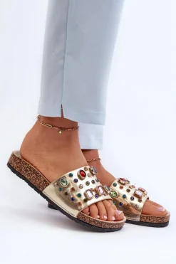 Klapki Korkowe|Klapki Na Platformie>Damskie buty S.Barski Klapki Damskie Z Ozdobami S.Barski MY122 Złote