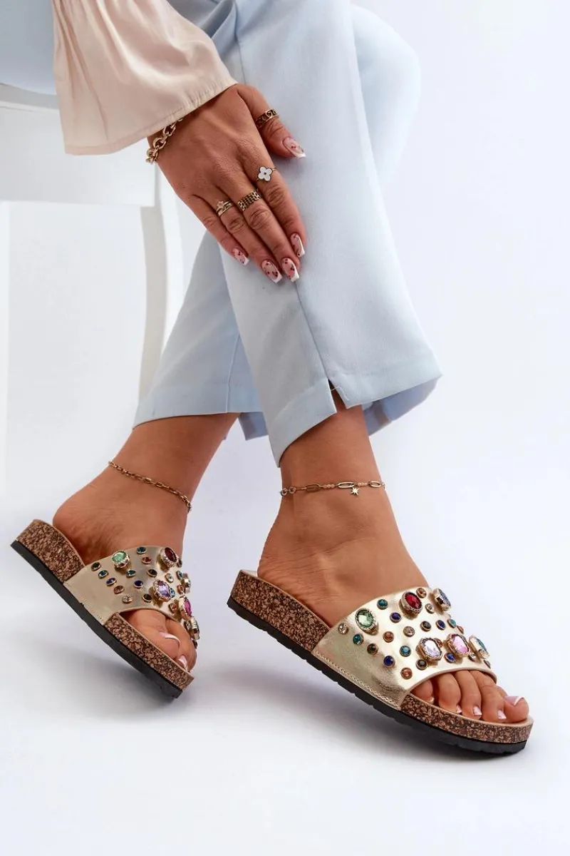 Klapki Korkowe|Klapki Na Platformie>Damskie buty S.Barski Klapki Damskie Z Ozdobami S.Barski MY122 Złote