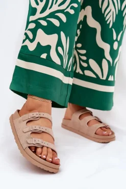 New Boto Klapki Damskie Z Paskami I Klamrami Beżowe Uliri Beżowy