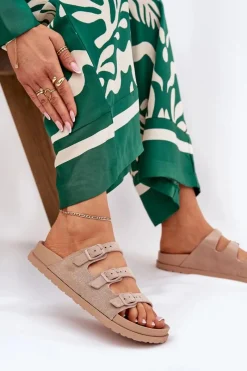 New Boto Klapki Damskie Z Paskami I Klamrami Beżowe Uliri Beżowy