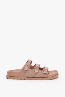 New Boto Klapki Damskie Z Paskami I Klamrami Beżowe Uliri Beżowy