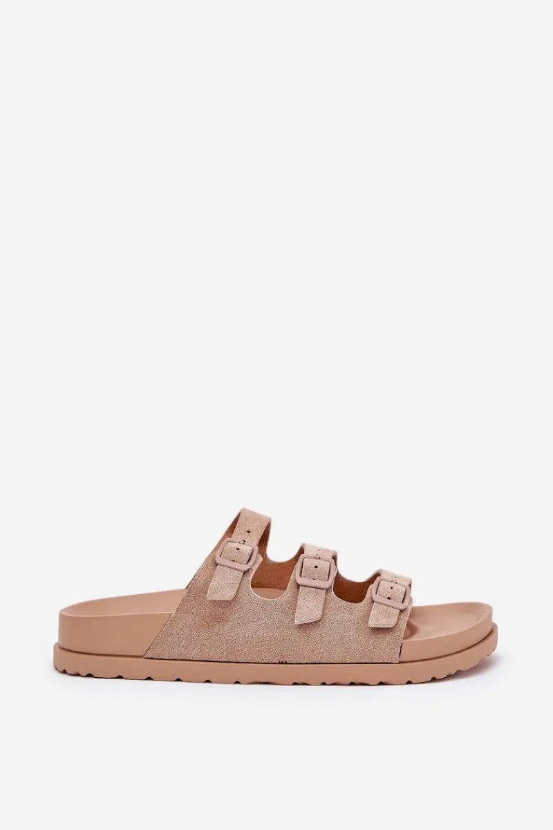 New Boto Klapki Damskie Z Paskami I Klamrami Beżowe Uliri Beżowy