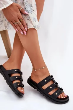 New Boto Klapki Damskie Z Paskami Czarne Pasiriela Czarny