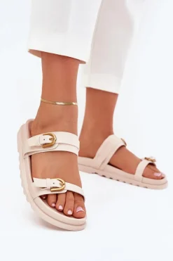 Discount Boto Klapki Damskie Z Paskami I Złotymi Klamrami Jasnobeżowe Selana