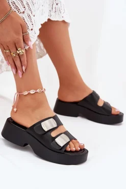 Sale Klapki Damskie Z Paskami Eko Skórzane Czarne Falenisse Damskie Klapki Na Platformie|Klapki Damskie Klasyczne