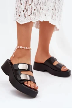 Sale Klapki Damskie Z Paskami Eko Skórzane Czarne Falenisse Damskie Klapki Na Platformie|Klapki Damskie Klasyczne