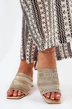 Klapki Na Obcasie|Klapki Damskie Klasyczne>Boto Klapki Damskie Z Plecionką Na Obcasie Złote Ciariloria