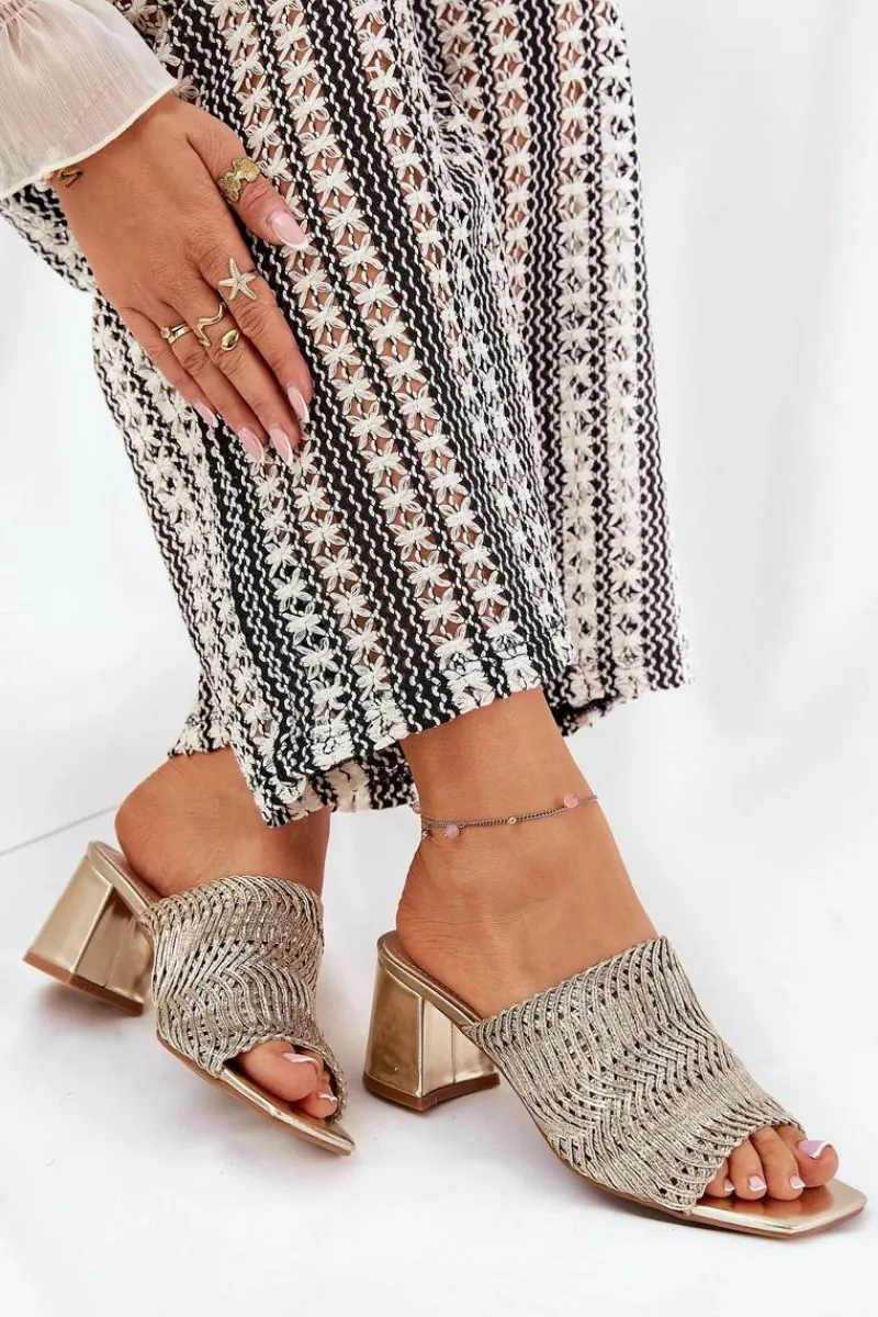 Klapki Na Obcasie|Klapki Damskie Klasyczne>Boto Klapki Damskie Z Plecionką Na Obcasie Złote Ciariloria