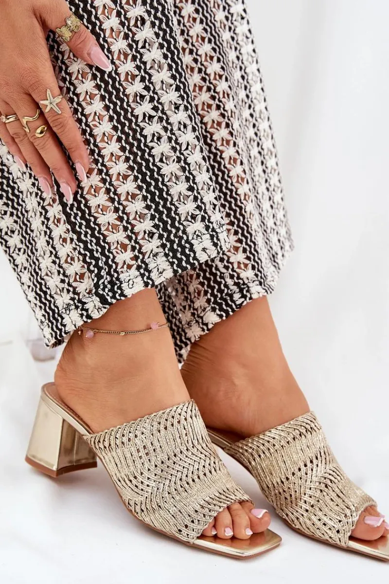 Klapki Na Obcasie|Klapki Damskie Klasyczne>Boto Klapki Damskie Z Plecionką Na Obcasie Złote Ciariloria