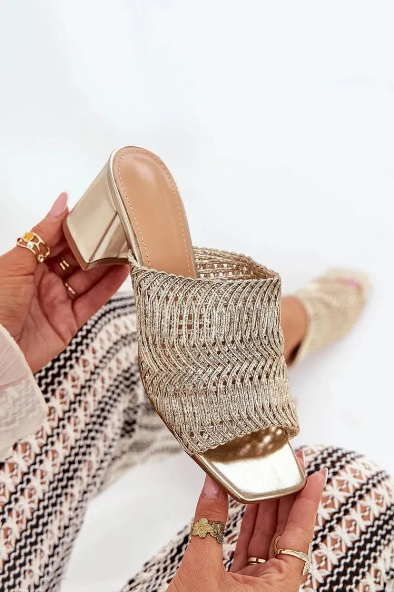 Klapki Na Obcasie|Klapki Damskie Klasyczne>Boto Klapki Damskie Z Plecionką Na Obcasie Złote Ciariloria