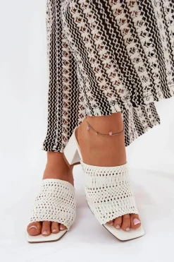 Hot Klapki Damskie Z Plecionką Na Obcasie Białe Ciariloria Damskie Klapki Na Obcasie|Klapki Damskie Klasyczne