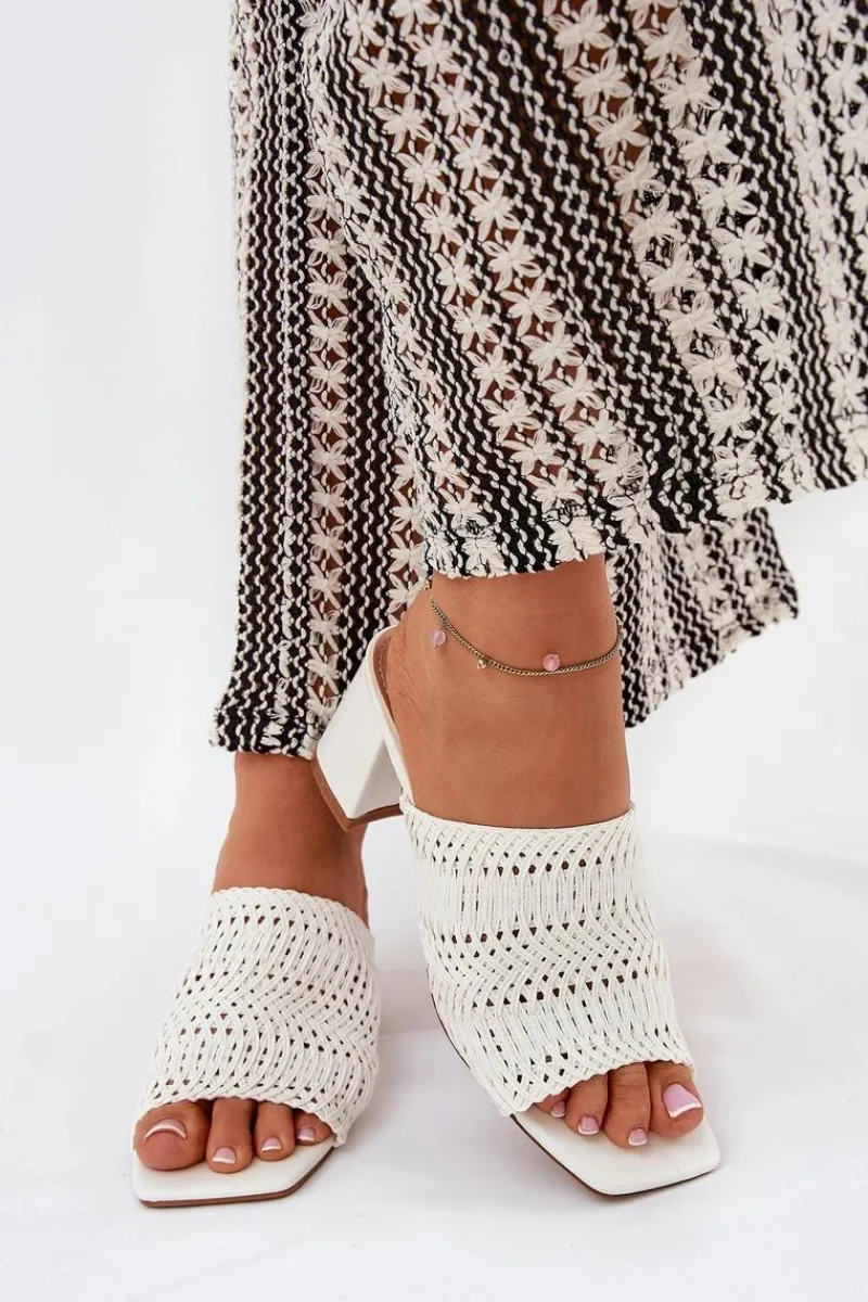 Hot Klapki Damskie Z Plecionką Na Obcasie Białe Ciariloria Damskie Klapki Na Obcasie|Klapki Damskie Klasyczne