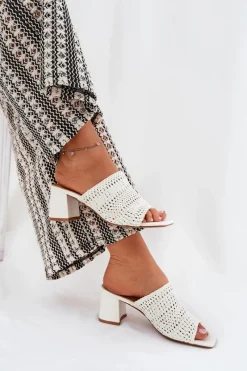 Hot Klapki Damskie Z Plecionką Na Obcasie Białe Ciariloria Damskie Klapki Na Obcasie|Klapki Damskie Klasyczne