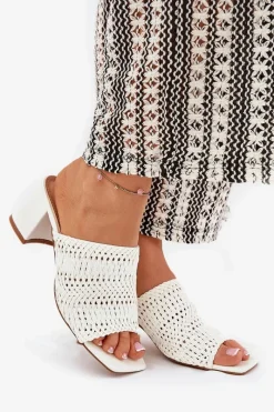 Hot Klapki Damskie Z Plecionką Na Obcasie Białe Ciariloria Damskie Klapki Na Obcasie|Klapki Damskie Klasyczne