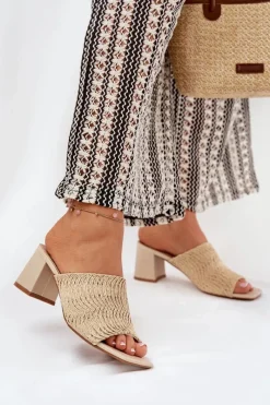 New Boto Klapki Damskie Z Plecionką Na Obcasie Beżowe Ciariloria Beżowy