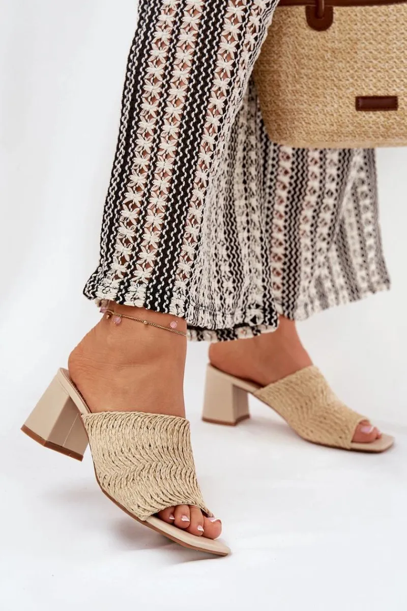 New Boto Klapki Damskie Z Plecionką Na Obcasie Beżowe Ciariloria Beżowy