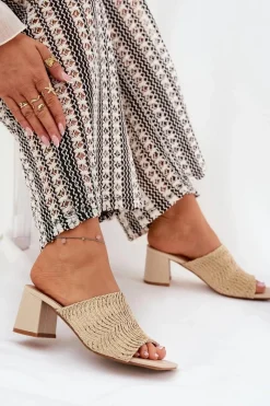 New Boto Klapki Damskie Z Plecionką Na Obcasie Beżowe Ciariloria Beżowy