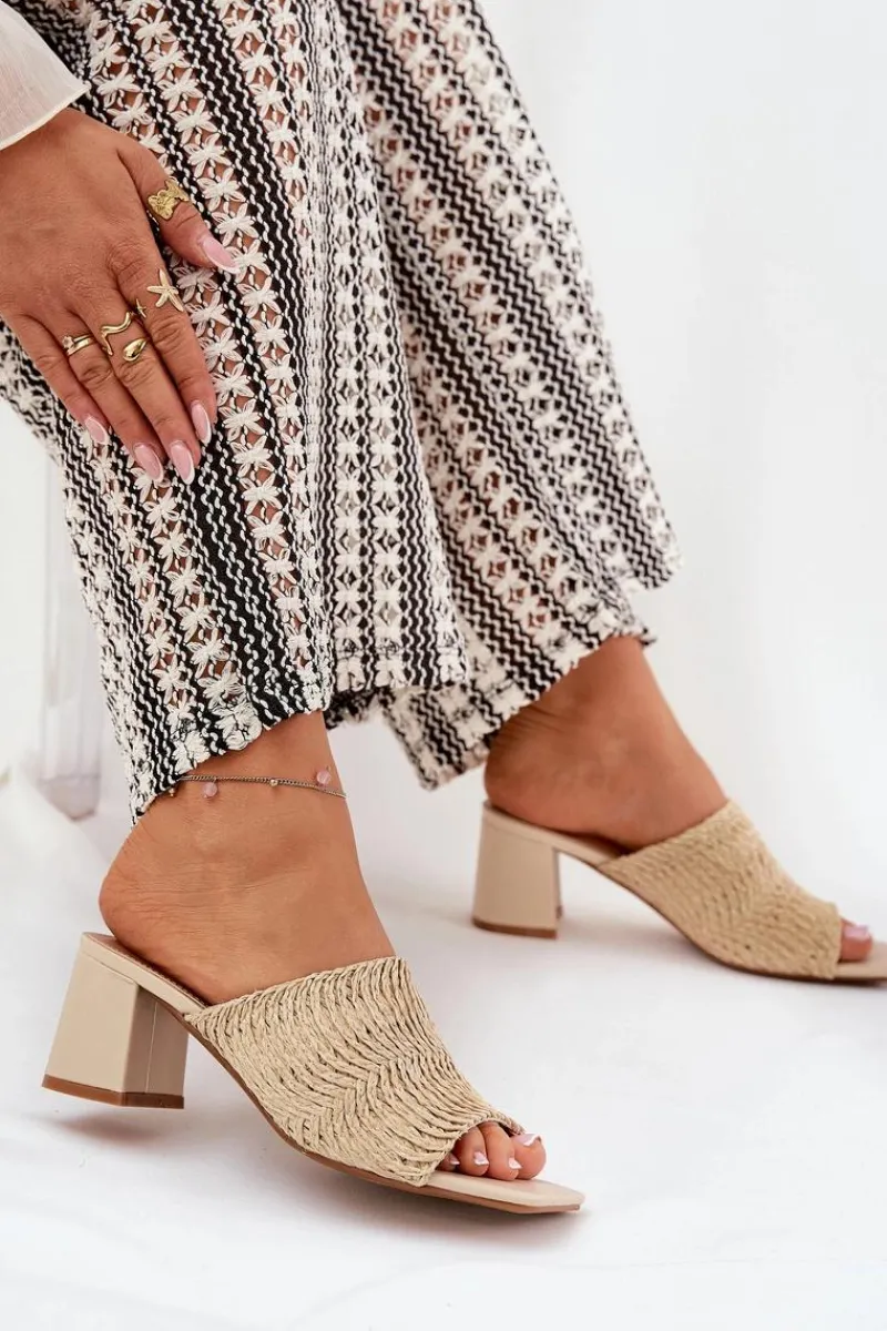 New Boto Klapki Damskie Z Plecionką Na Obcasie Beżowe Ciariloria Beżowy