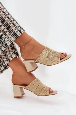 New Boto Klapki Damskie Z Plecionką Na Obcasie Beżowe Ciariloria Beżowy