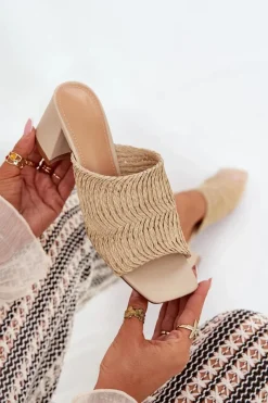 New Boto Klapki Damskie Z Plecionką Na Obcasie Beżowe Ciariloria Beżowy