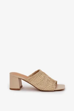 New Boto Klapki Damskie Z Plecionką Na Obcasie Beżowe Ciariloria Beżowy