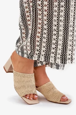 New Boto Klapki Damskie Z Plecionką Na Obcasie Beżowe Ciariloria Beżowy
