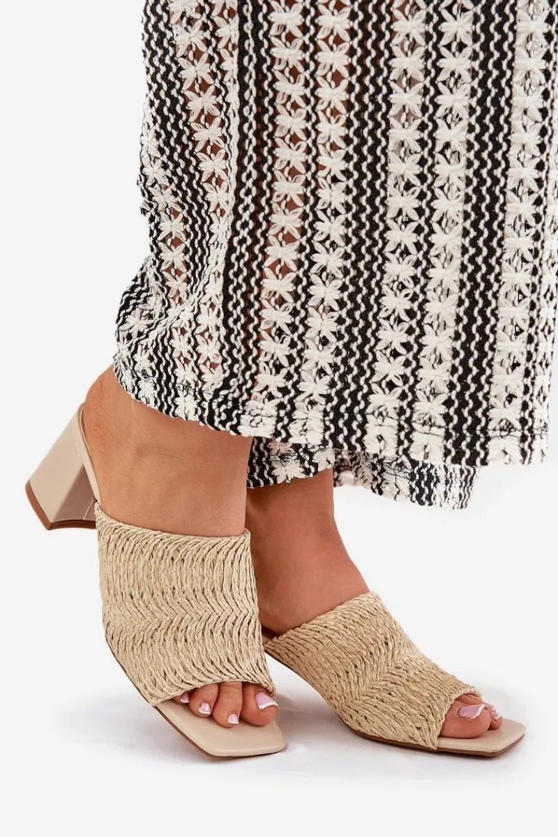 New Boto Klapki Damskie Z Plecionką Na Obcasie Beżowe Ciariloria Beżowy