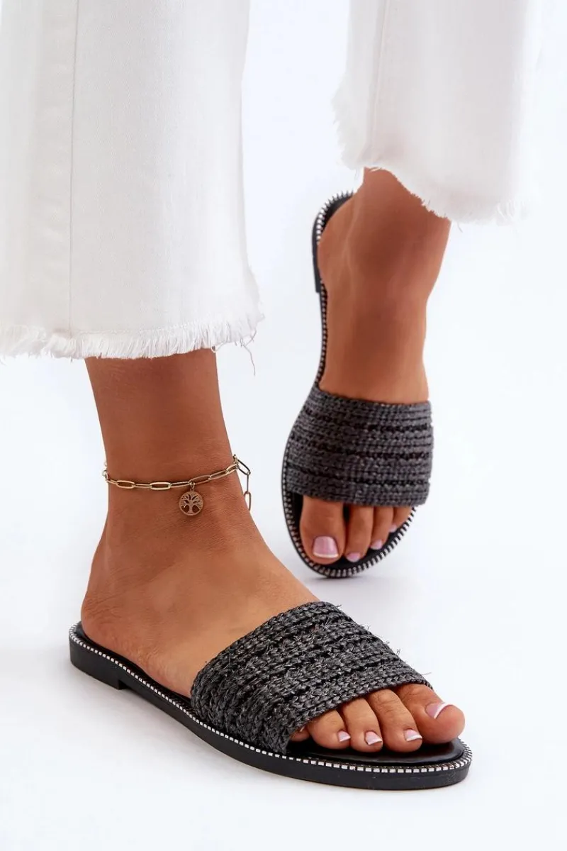 Sale Boto Klapki Damskie Z Plecionką Na Płaskim Obcasie Czarne Radians