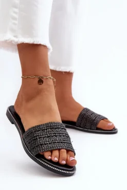 Sale Boto Klapki Damskie Z Plecionką Na Płaskim Obcasie Czarne Radians