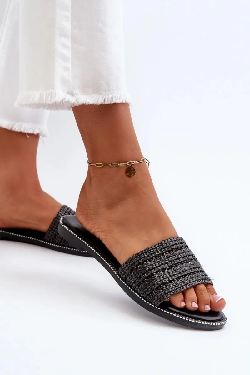 Sale Boto Klapki Damskie Z Plecionką Na Płaskim Obcasie Czarne Radians