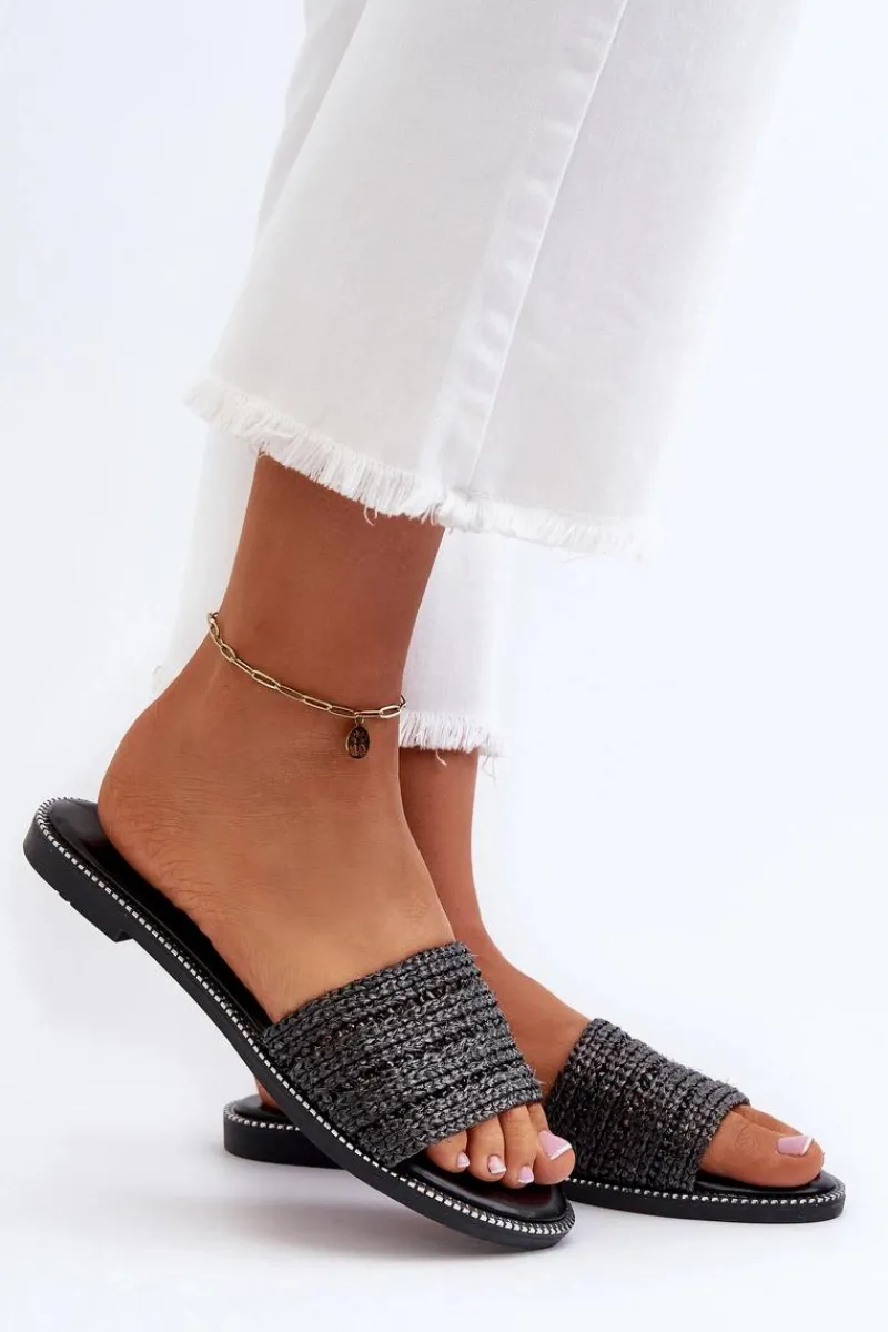 Sale Boto Klapki Damskie Z Plecionką Na Płaskim Obcasie Czarne Radians