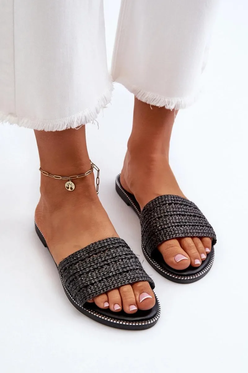 Sale Boto Klapki Damskie Z Plecionką Na Płaskim Obcasie Czarne Radians
