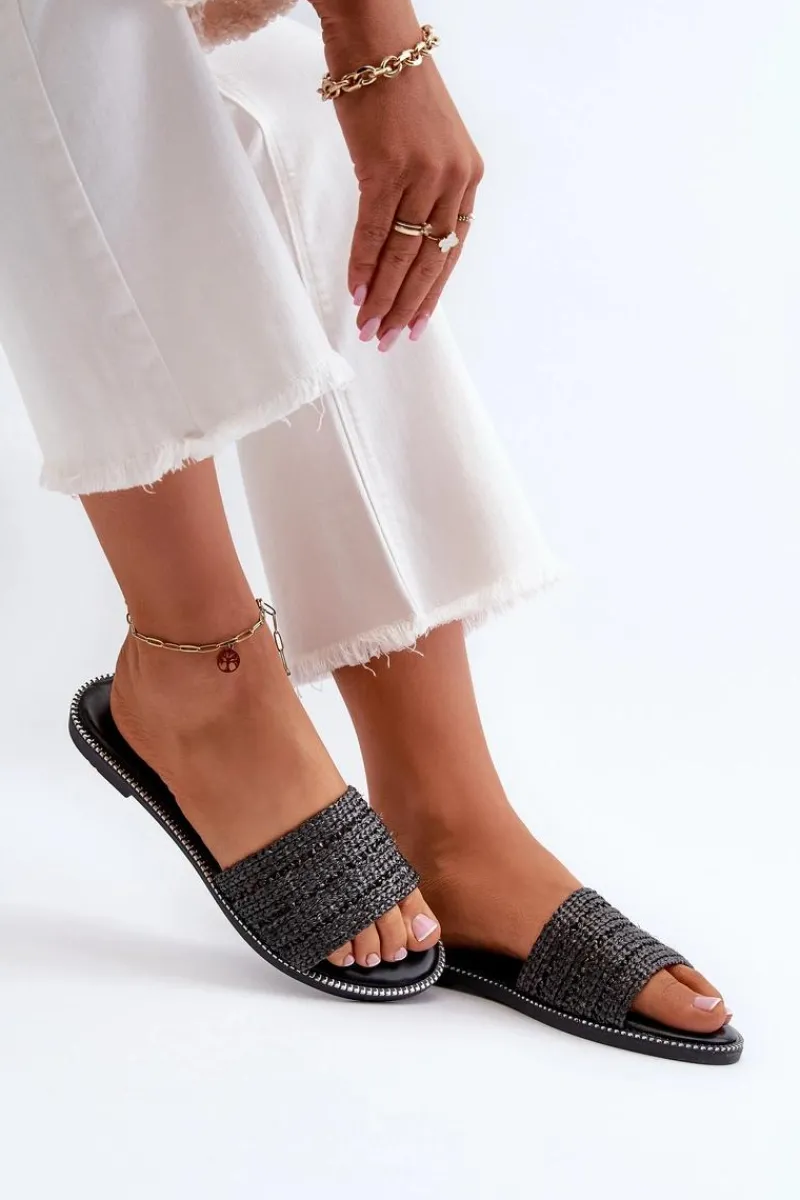 Sale Boto Klapki Damskie Z Plecionką Na Płaskim Obcasie Czarne Radians