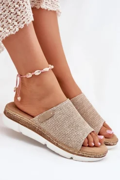 Hot Boto Klapki Damskie Z Plecionką Na Koturnie Beżowe Norozi