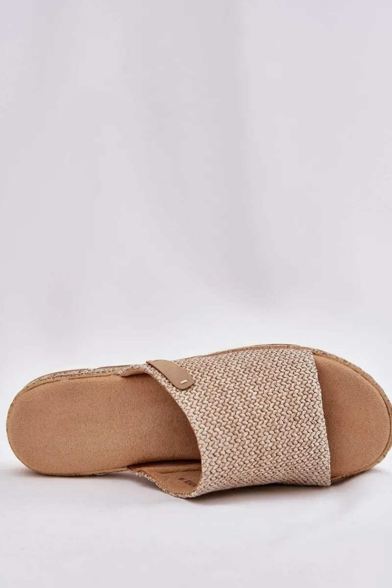 Hot Boto Klapki Damskie Z Plecionką Na Koturnie Beżowe Norozi