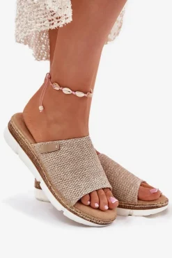 Hot Boto Klapki Damskie Z Plecionką Na Koturnie Beżowe Norozi