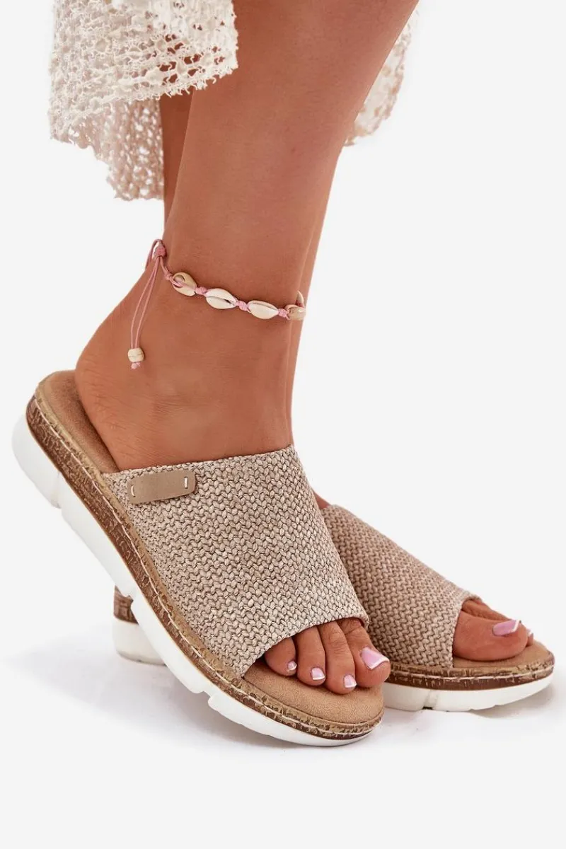 Hot Boto Klapki Damskie Z Plecionką Na Koturnie Beżowe Norozi