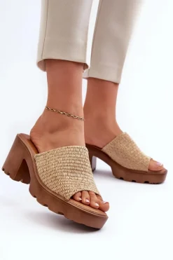 Discount Klapki Damskie z Plecionką Na Obcasie Beżowe Titantha Damskie Klapki Na Obcasie|Klapki Damskie Klasyczne