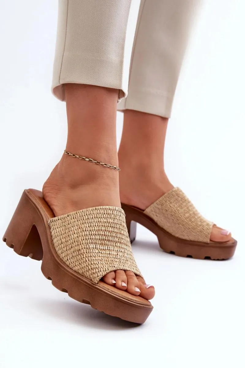 Discount Klapki Damskie z Plecionką Na Obcasie Beżowe Titantha Damskie Klapki Na Obcasie|Klapki Damskie Klasyczne