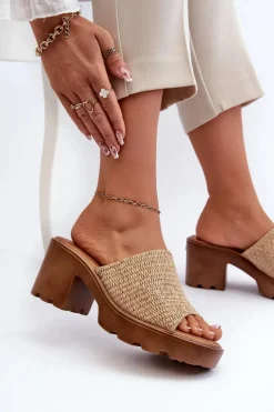 Discount Klapki Damskie z Plecionką Na Obcasie Beżowe Titantha Damskie Klapki Na Obcasie|Klapki Damskie Klasyczne