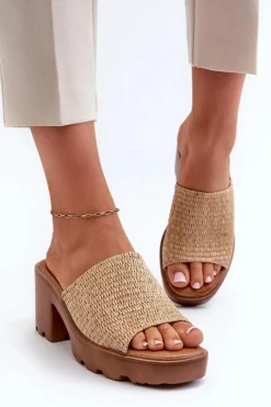Discount Klapki Damskie z Plecionką Na Obcasie Beżowe Titantha Damskie Klapki Na Obcasie|Klapki Damskie Klasyczne