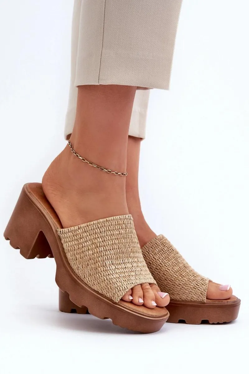 Discount Klapki Damskie z Plecionką Na Obcasie Beżowe Titantha Damskie Klapki Na Obcasie|Klapki Damskie Klasyczne