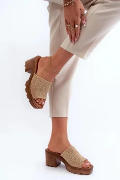 Discount Klapki Damskie z Plecionką Na Obcasie Beżowe Titantha Damskie Klapki Na Obcasie|Klapki Damskie Klasyczne