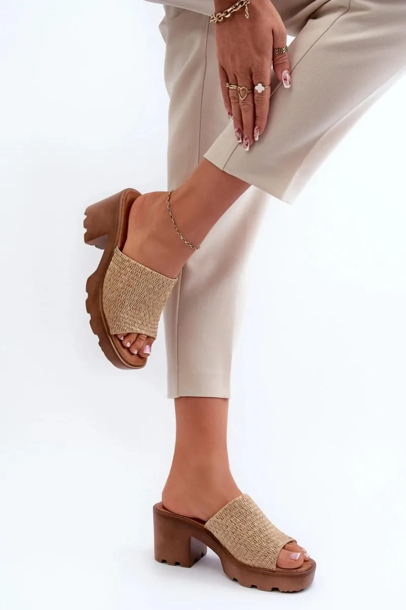 Discount Klapki Damskie z Plecionką Na Obcasie Beżowe Titantha Damskie Klapki Na Obcasie|Klapki Damskie Klasyczne