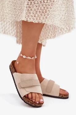 Sale Klapki Damskie Z Rzepem Na Korkowej Platformie Beżowe Baylin Damskie Klapki Korkowe|Klapki Damskie Klasyczne