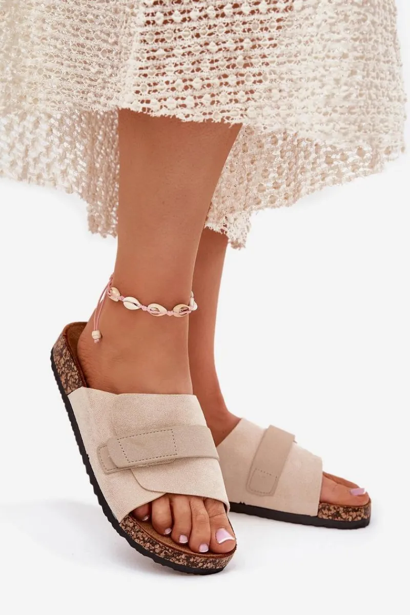 Sale Klapki Damskie Z Rzepem Na Korkowej Platformie Beżowe Baylin Damskie Klapki Korkowe|Klapki Damskie Klasyczne