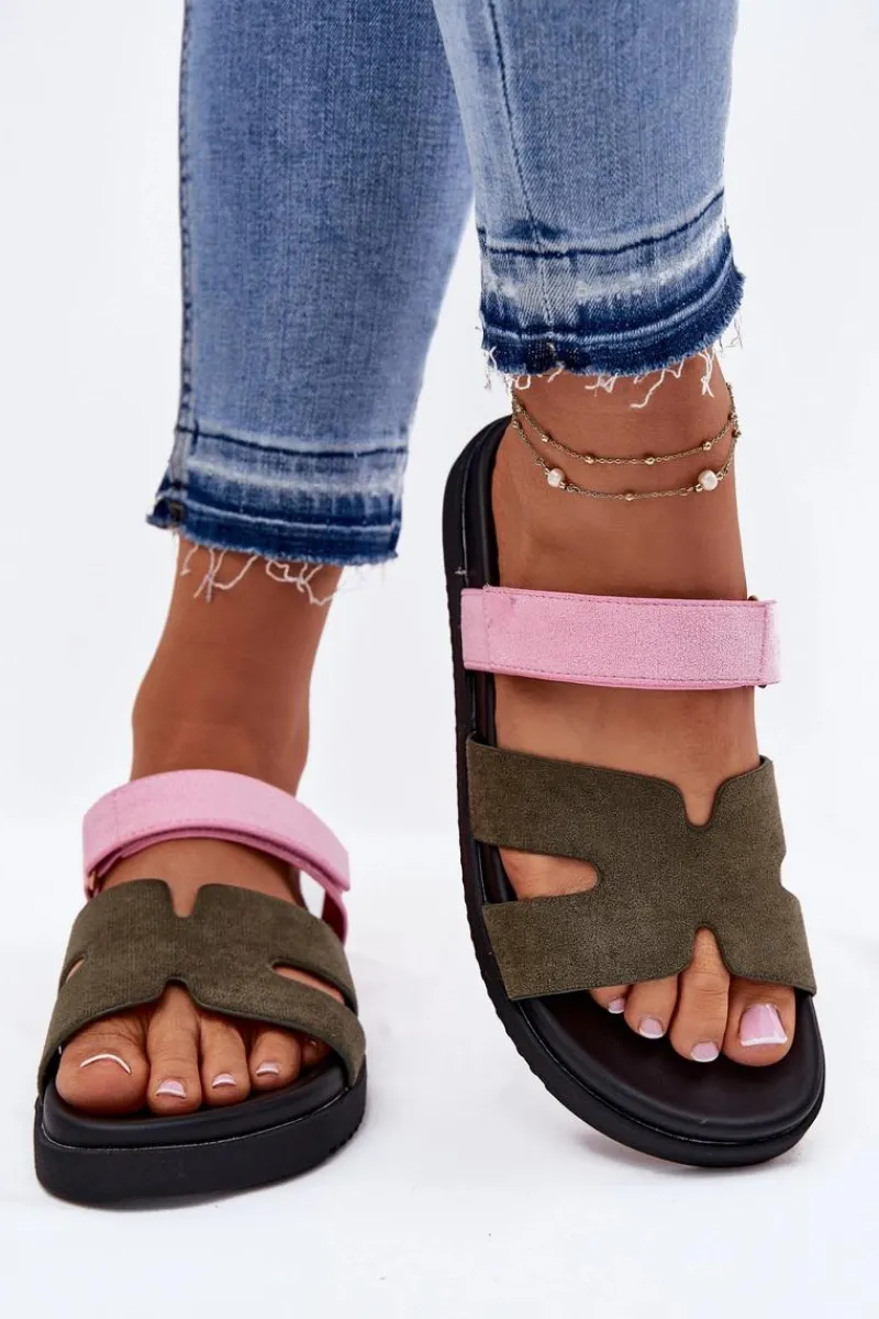 Klapki Na Platformie|Klapki Damskie Klasyczne>Buty damskie Vinceza Klapki Damskie Z Rzepem Vinceza 17401 Zielono-Różowe Zielony