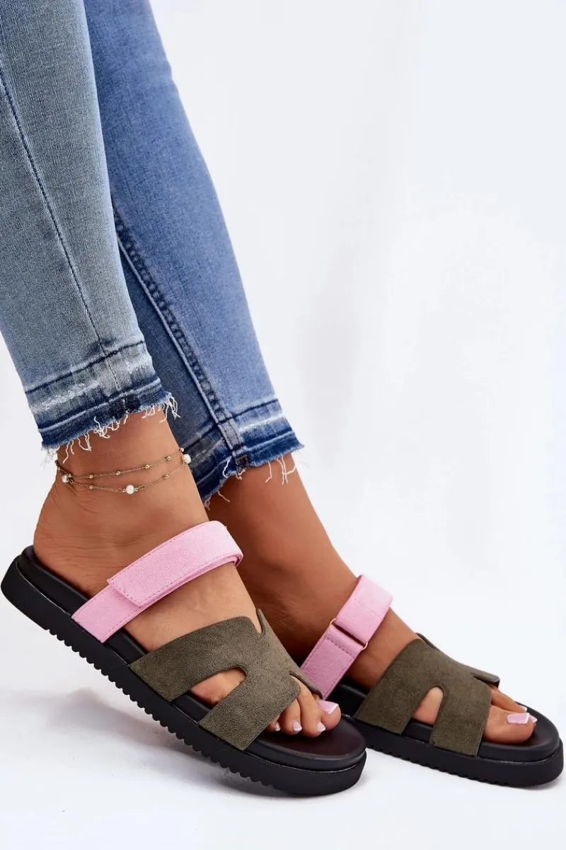 Klapki Na Platformie|Klapki Damskie Klasyczne>Buty damskie Vinceza Klapki Damskie Z Rzepem Vinceza 17401 Zielono-Różowe Zielony